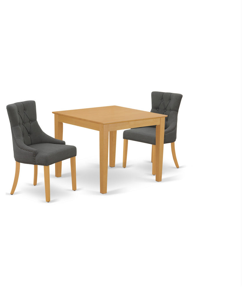 3Pc Dinette Set, Square Table, Two Chairs, Dark Gotham Grey Fabric, Oak Finish