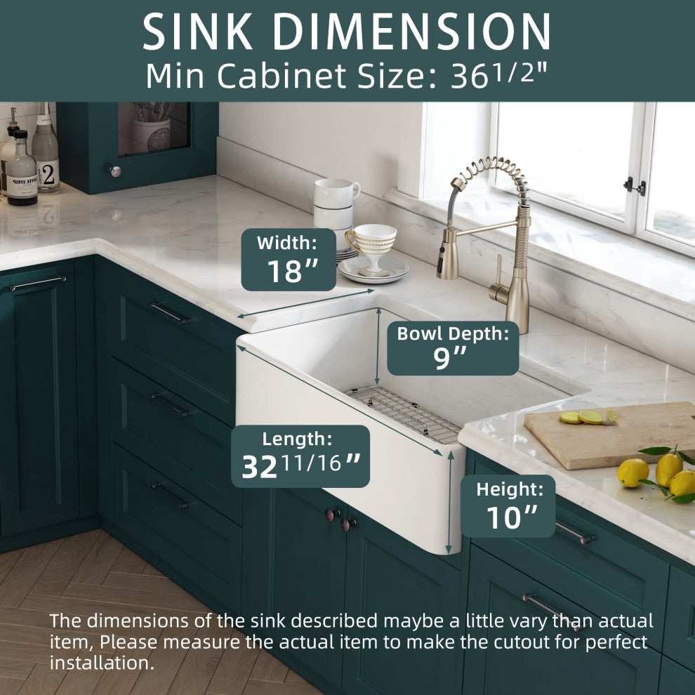 Farmhouse 33" Fireclay White Kitchen Sink Single Bowl