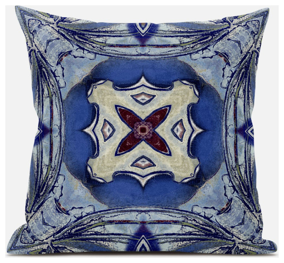 16" Blue Cream Geo Tribal Suede Throw Pillow