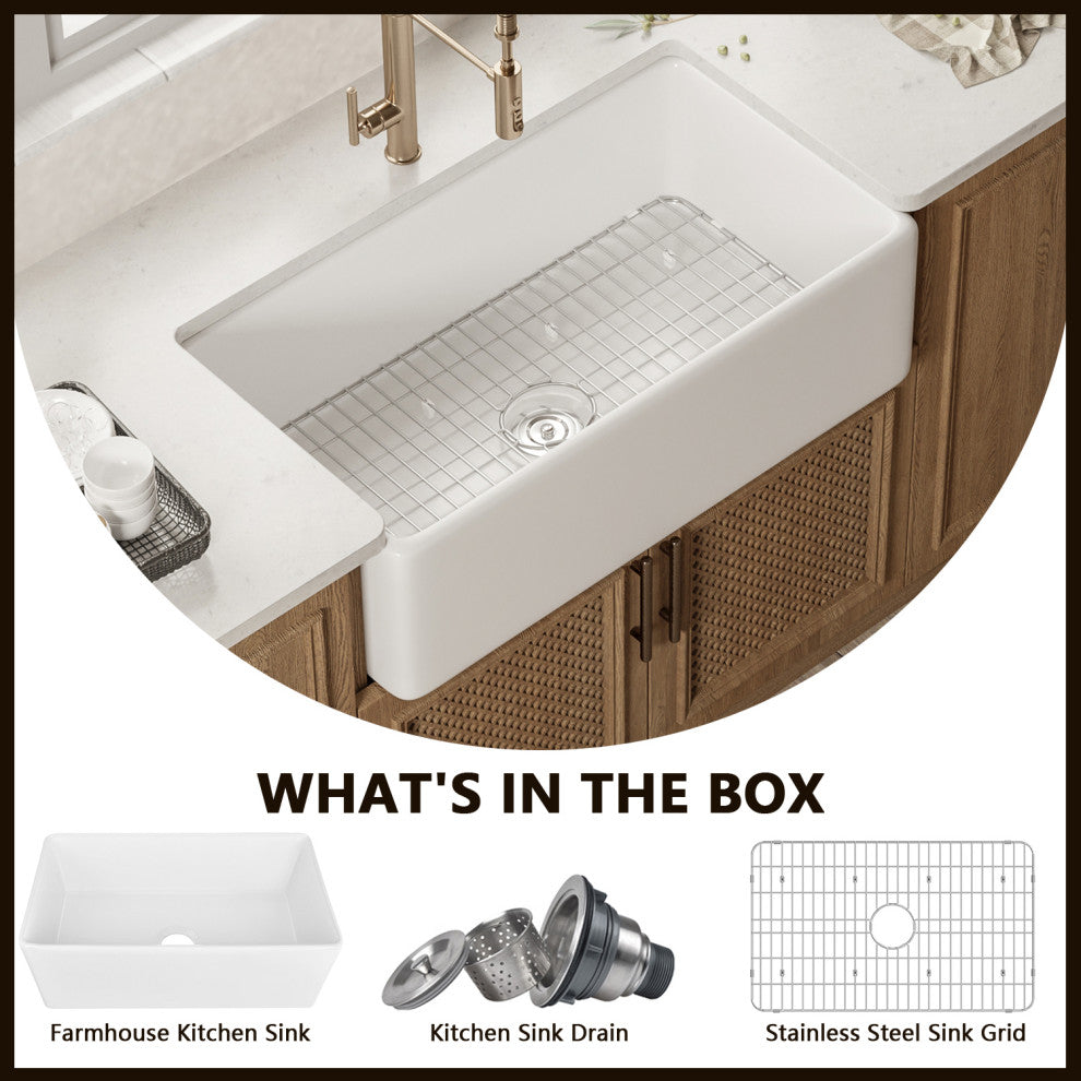 30"L x 18"W Farmhouse Kitchen Sink Single Bowl Kitchen Sink with Sink Grid