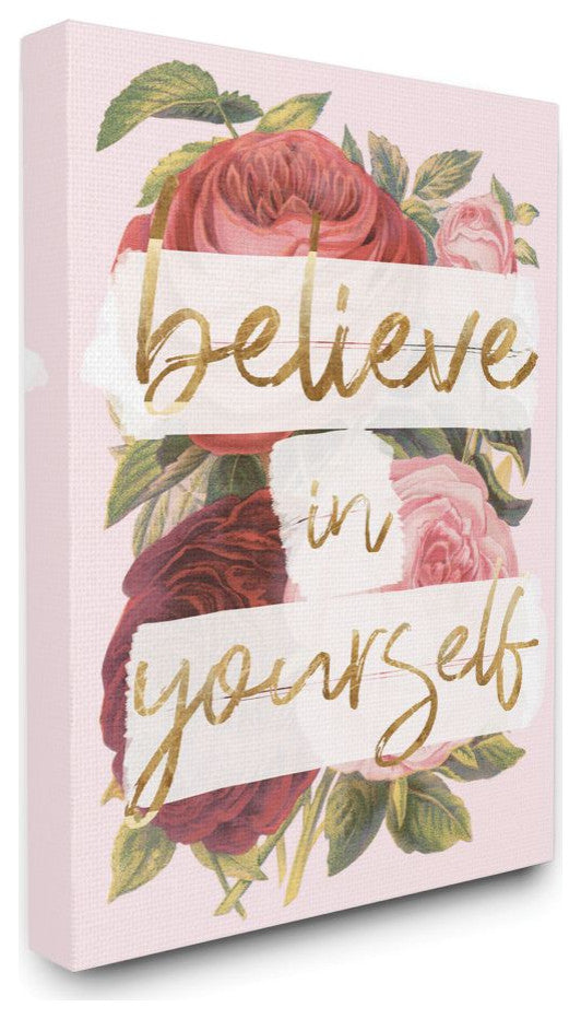 Stupell Industries Believe In Yourself Pink Gold Rose Word Design, 30"x40"