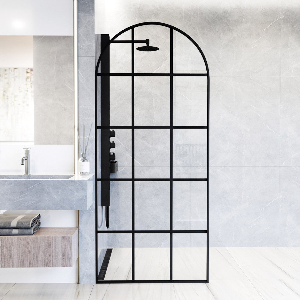 VIGO Arden 34" W x 78" H Framed Fixed Shower Screen, Matte Black Grid, Clear Glass