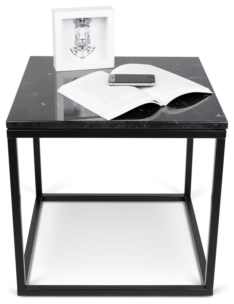 Modern Square Marble & Metal Side Table, Black Marble/Black Legs