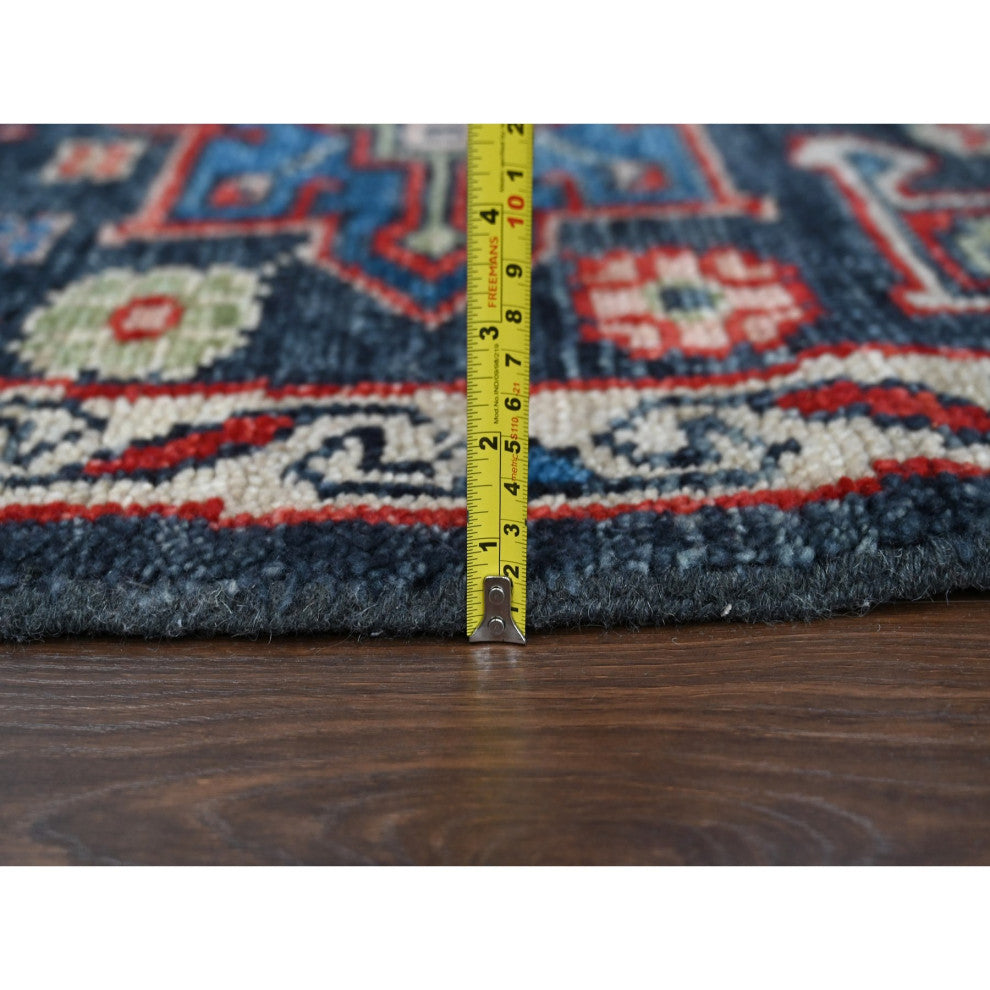 Charcoal Black Karajeh Heriz Pure Wool Hand Knotted Round Oriental Rug 7'9"x7'9"