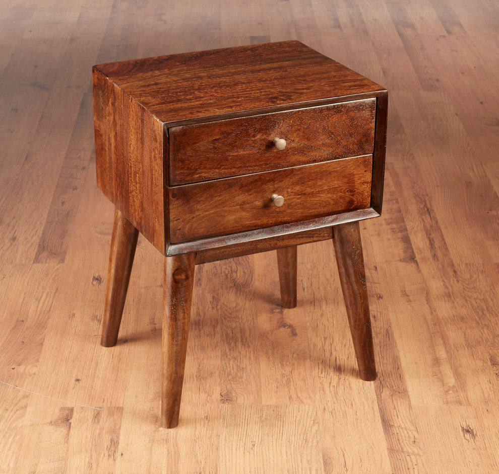 Two Drawer Mid Century Chest, Pecan Finish
