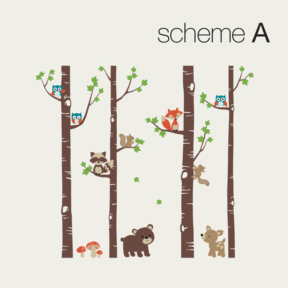 Birch Trees With Cute Forest Animals Wall Decal, Scheme A, 96" Tall Trees