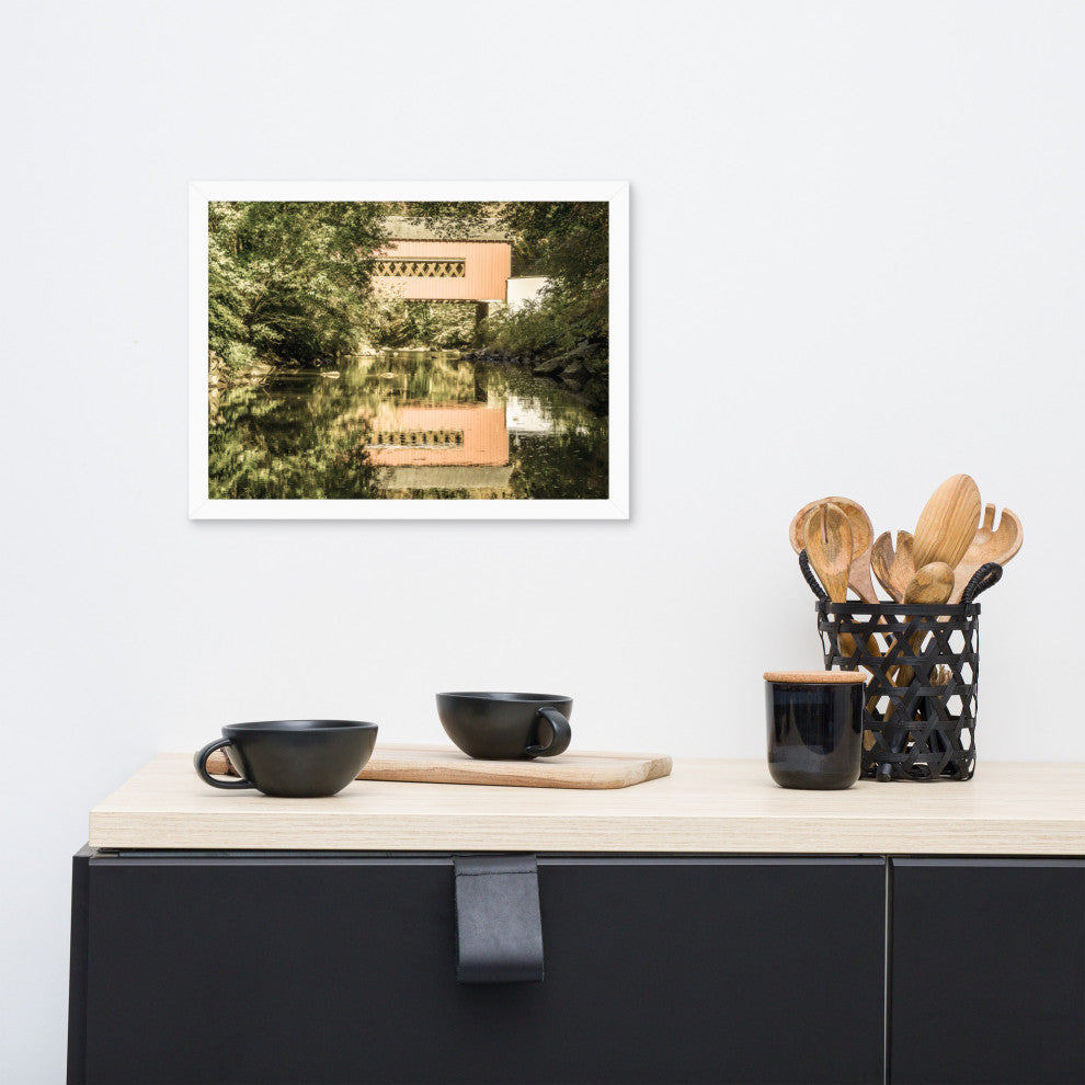 The Reflections of Wooddale Covered Bridge Aged Framed Photo Wall Art Print, White, 12" X 16"