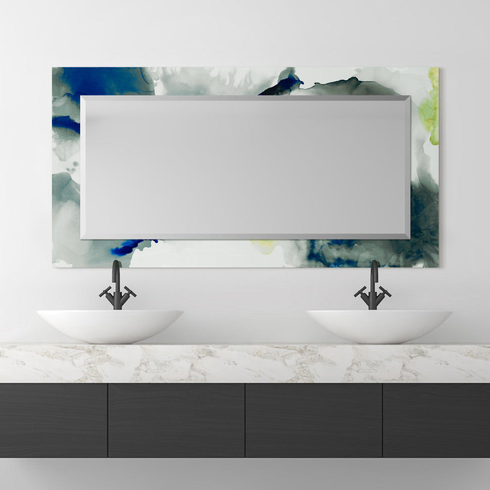 "Ephemeral" Beveled Mirror on Printed Abstarct Tempered Art Glass, 54"x28"
