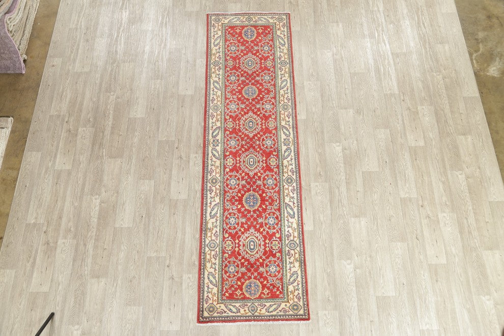Hand Made Wool Pakistani Oriental Traditional Kazak Runner Rug, Red, 9'6"X2'8"