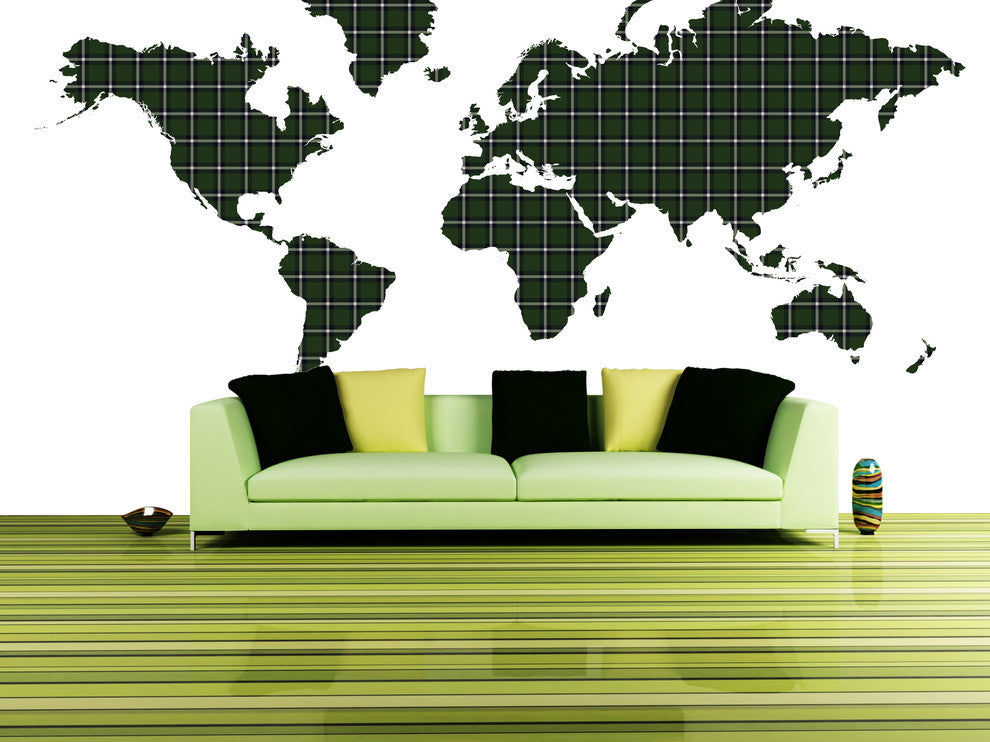 Studio Map Mural, Dark Green Plaid, Wallpaper, 8 Panels, 142"x69"