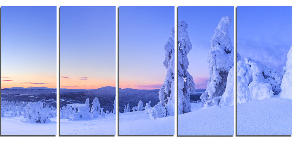 Sunset over Frozen Trees, Modern Landscape Canvas Art, 60"x28", 5 Panels