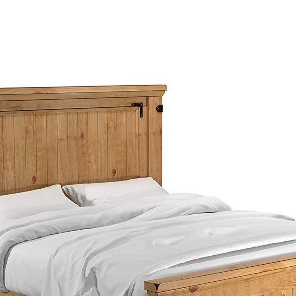 Benzara BM217449 Cottage Style Plank Queen Size Bed With Metal Accents, Brown