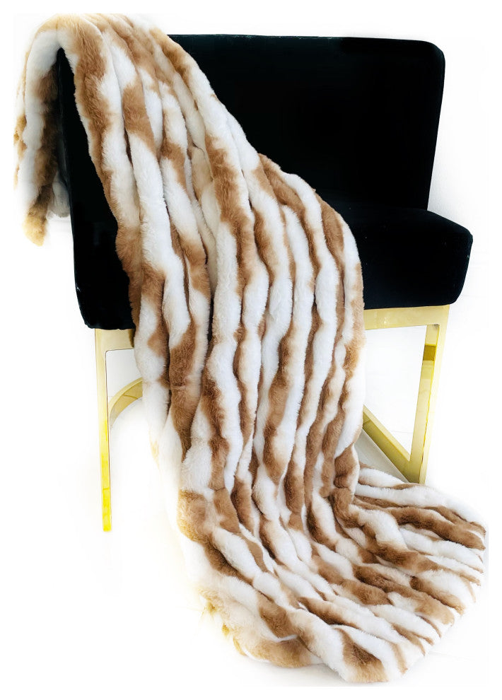 White Taupe Snow Chinchilla Faux Fur Luxury Throw Blanket, 96Lx110W Queen