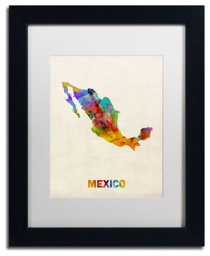 'Mexico Watercolor Map' Matted Framed Canvas Art by Michael Tompsett