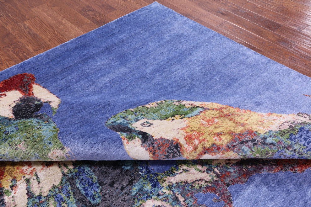 8' 10" X 12' 4" Modern Parrots Design Hand Knotted Silk Rug Q11601