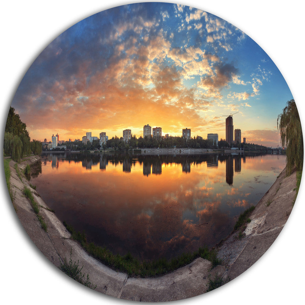 Long Summer Sunset In Yellow, Landscape Photo Round Metal Wall Art, 23"