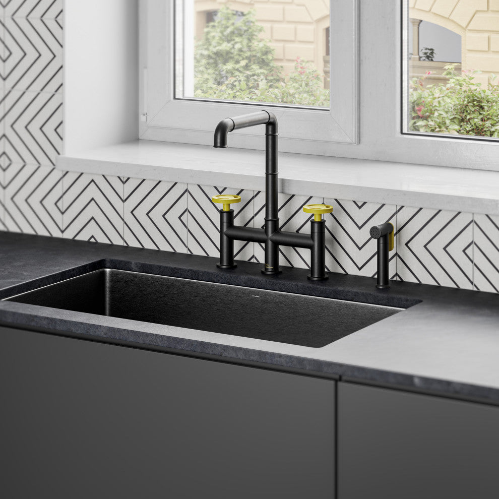 Avallon Pro Widespread Kitchen Faucet With Side Sprayer, Matte Black/Yellow