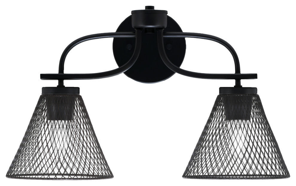 Cavella 2 Light Bath Bar In Matte Black Finish, 7" Matte Black Mesh Metal Shades