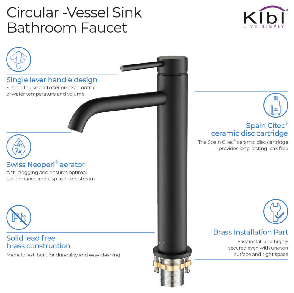 Circular Brass Single Handle Bathroom Faucet KBF1009, Matte Black, Without Drain
