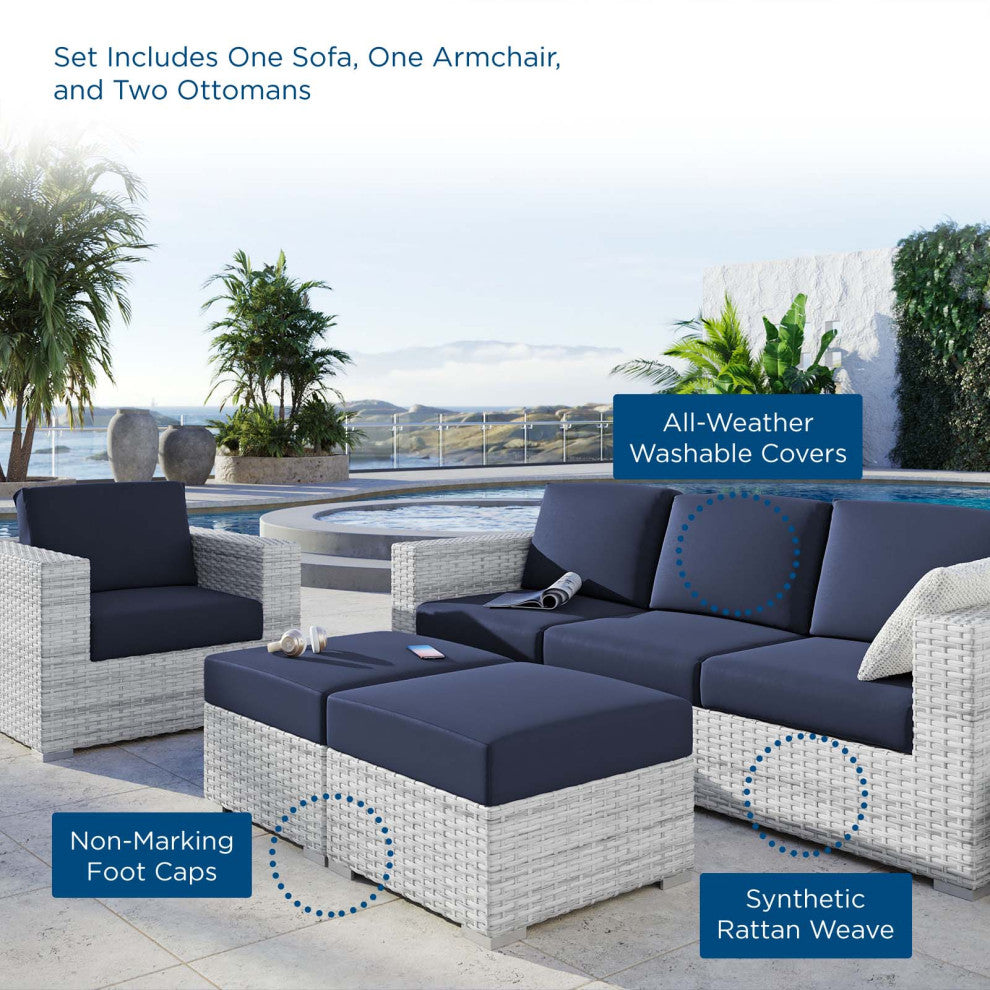 Lounge Sectional Sofa Chair Set, Rattan, Wicker, Gray Blue Navy, Outdoor