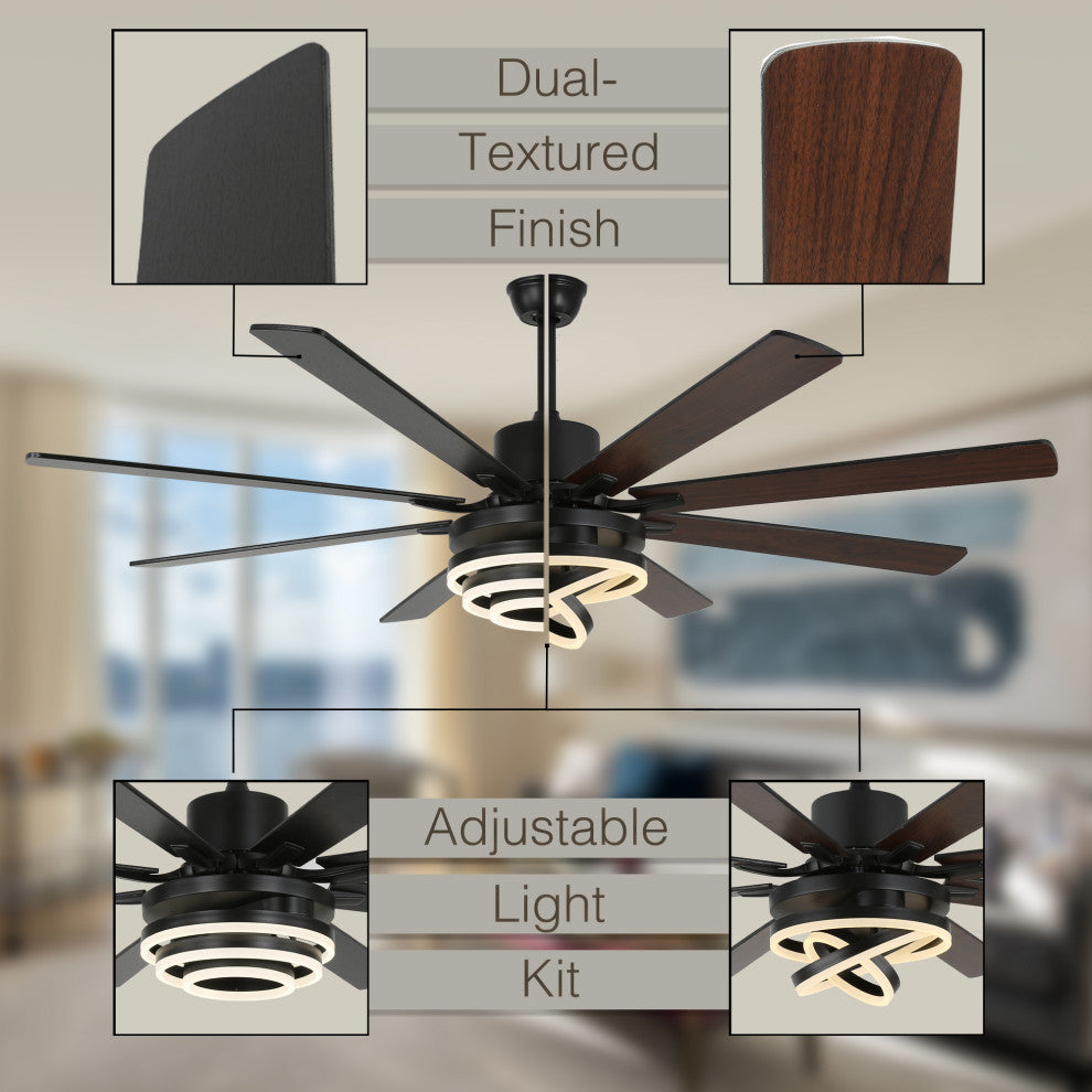 72" Modern 8 Wood Blades Large Ceiling Fan w LED Light, Black
