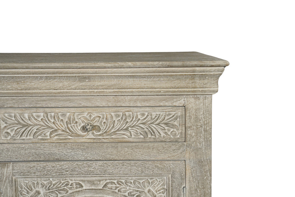 Abigail 4-Drawer 4-Door Floral Carved Wood Sideboard, Limestone Gray