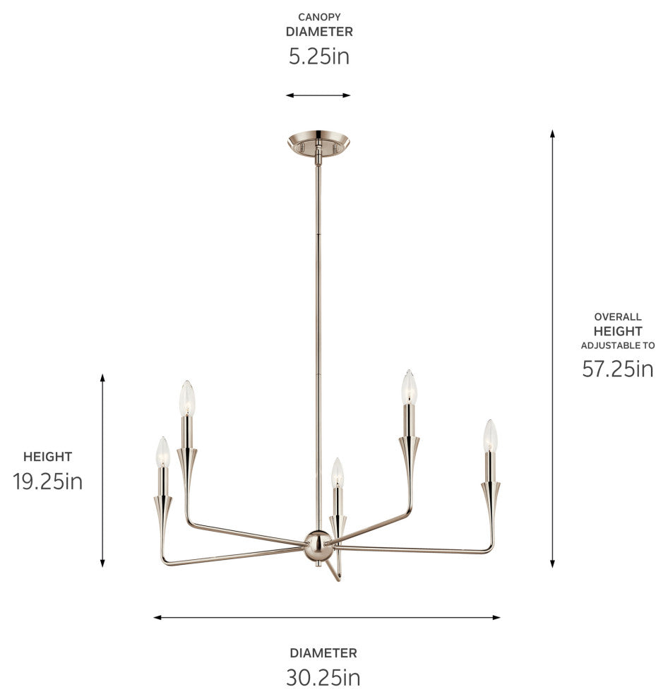 Alvaro Chandelier, Polished Nickel, 5 Light