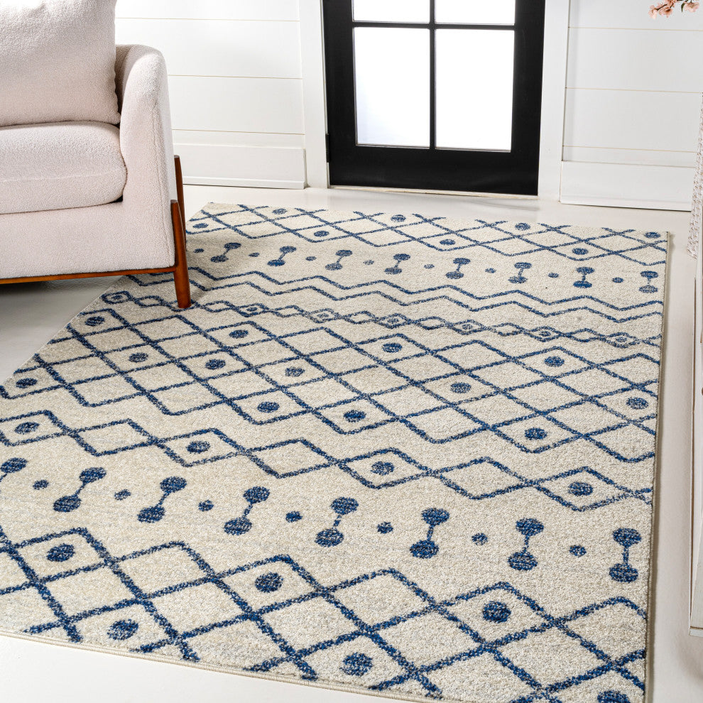 Aksil Moroccan Beni Souk Area Rug, Cream/Navy, 3 Ft. X 5 Ft.
