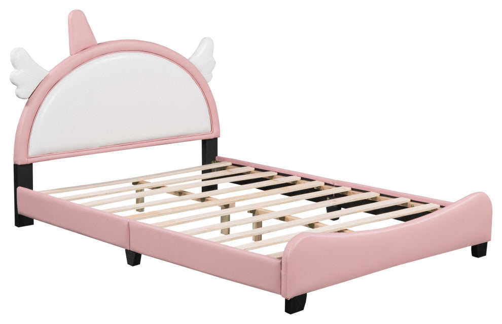 Gewnee Upholstered Full Platform Bed With Unicorn Shape Headboard in Pink