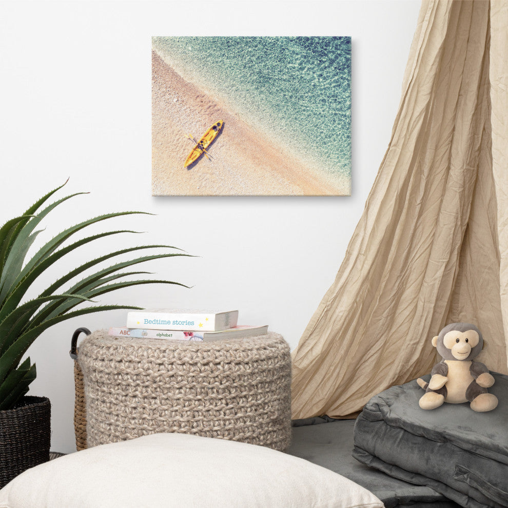 Yellow Canoe and Blue Sea by with Soft Violet Effect Canvas Wall Art Prints, 16" X 20"