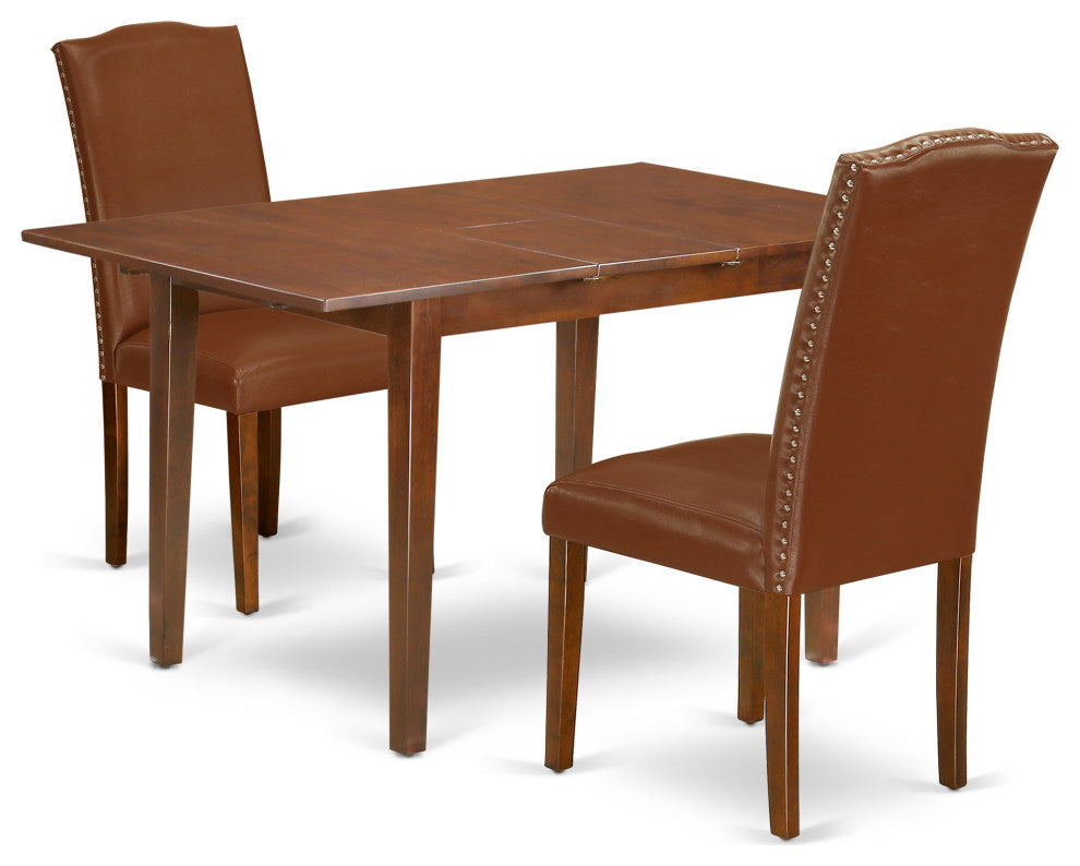 3Pc 48/60" Dinette Table, 2 Chair, Brown Flaux Leather