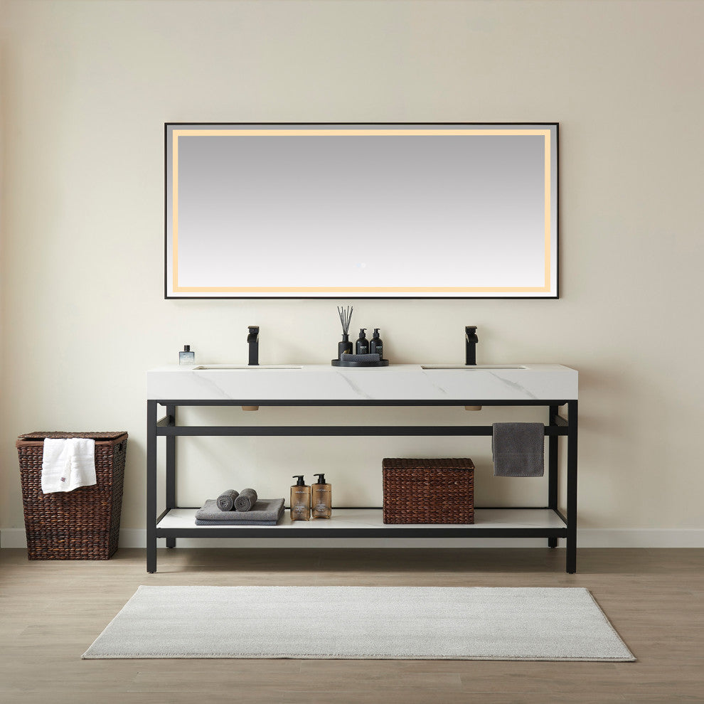 Funes Bath Vanity with Mirror, Matte Black Support, 72" Double Sink, White Stone Top