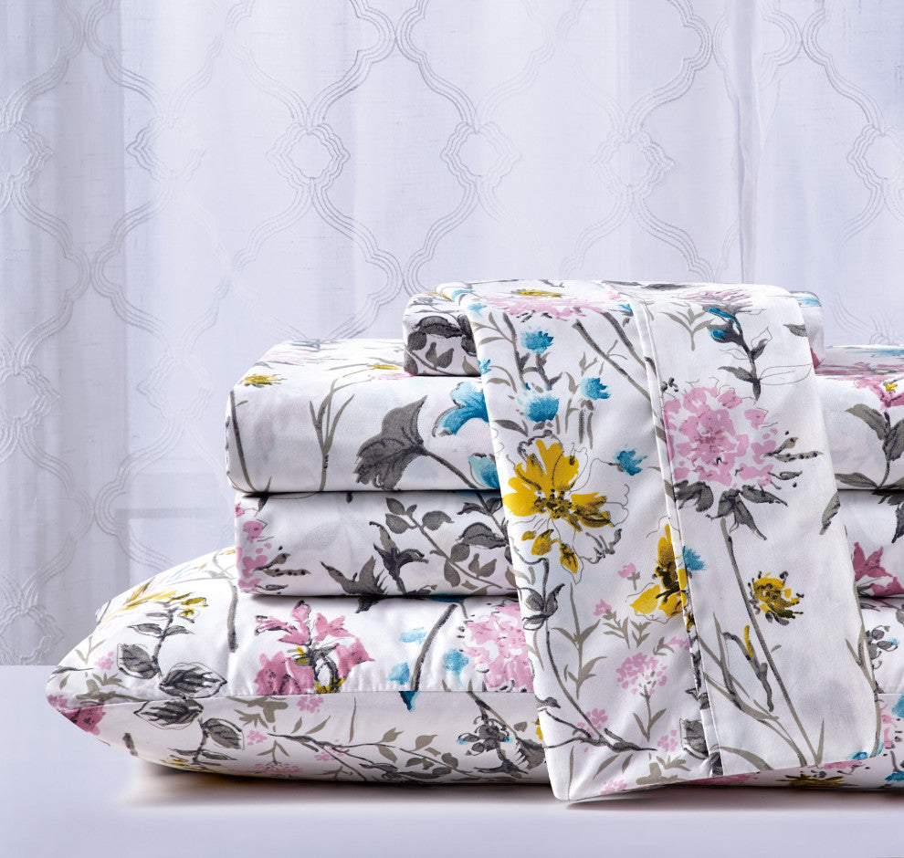Bibb Home 4 Piece Printed Microfiber Sheet Set, Elegant Floral, Twin