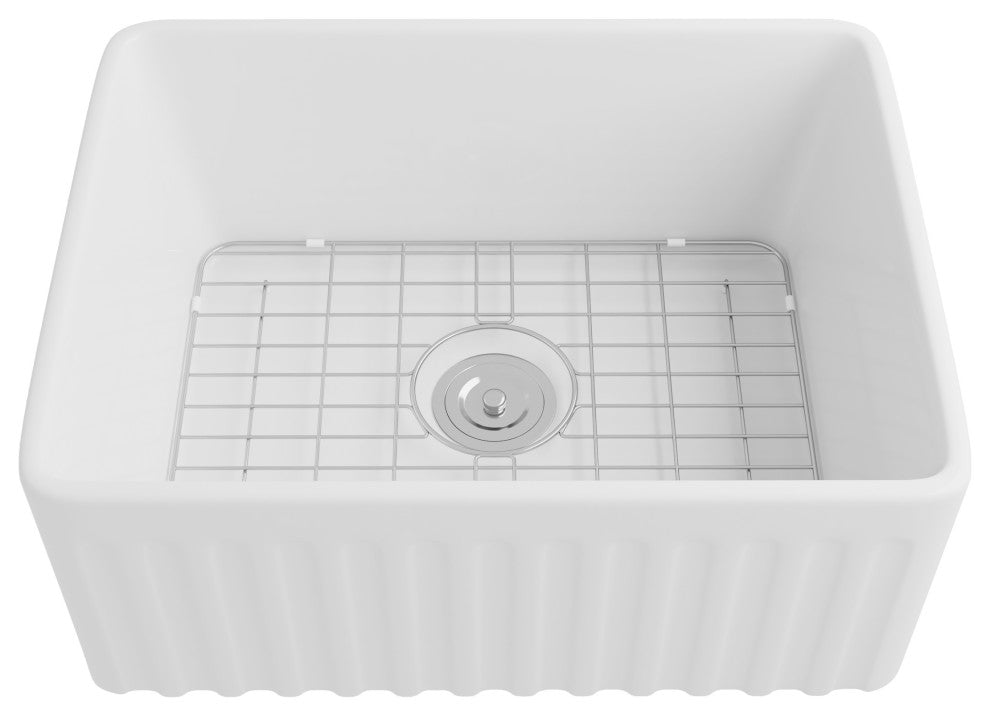 24" Small Farmhouse Ceramic kitchen Sink with Bottom Grid and Strainer