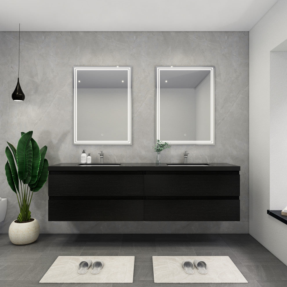Belli 84" Double Sink Wall Mount Vanity Set, Rich Black Oak, Black Top