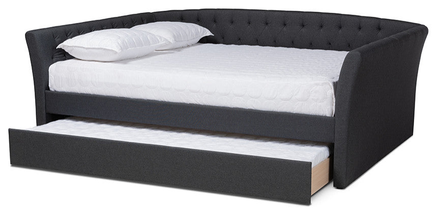 Delora Dark Grey Fabric Upholstered Full Size Daybed With Roll-Out Trundle Bed