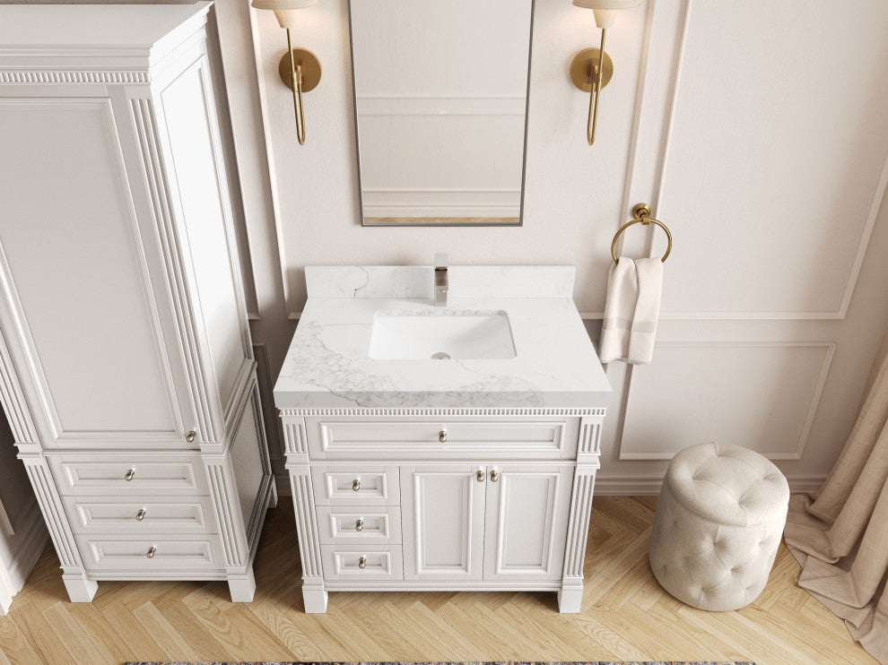 Paris 36" Center Sink Bathroom Vanity, White 2" Calacatta Nuvo