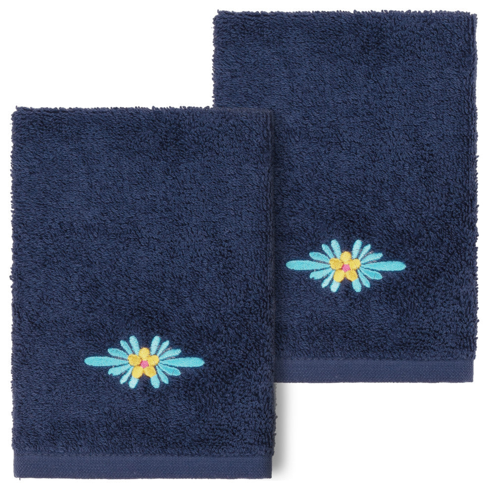 Linum Home Turkish Cotton Feliz 2-Piece Embellished Washcloth Set, Midnight Blue