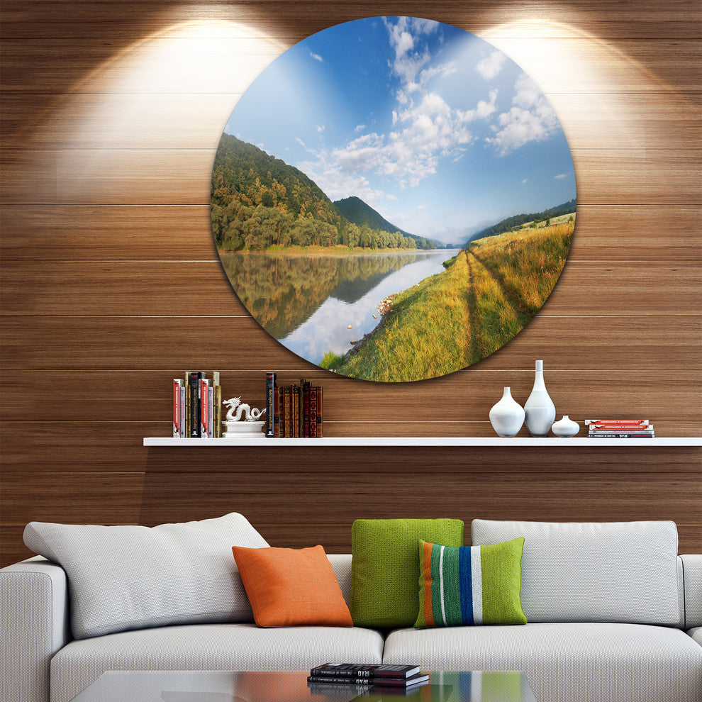 Mountain River Under Blue Sky, Landscape Photo Disc Metal Artwork, 36"