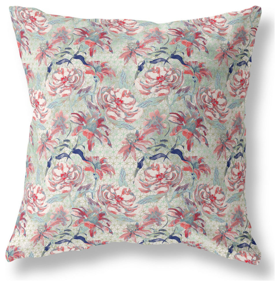 16" Light Green Red Roses Indoor Outdoor Throw Pillow