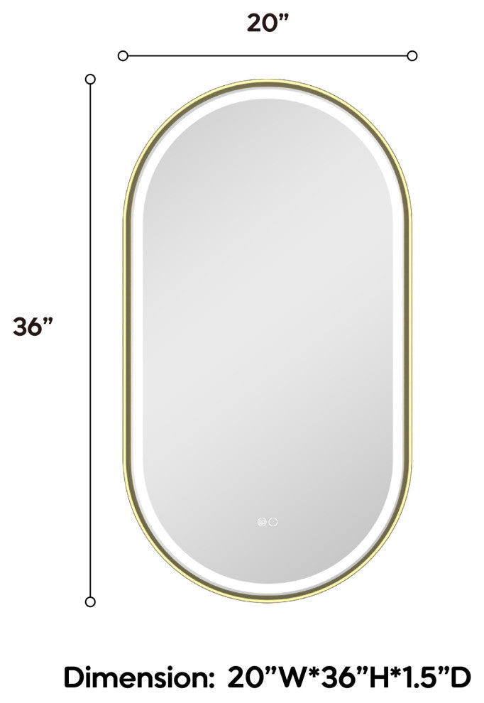 Oval LED Bathroom Vanity Mirror, Defogger and Dimmer, ETL-listed, Brushed Gold, 20"x36"