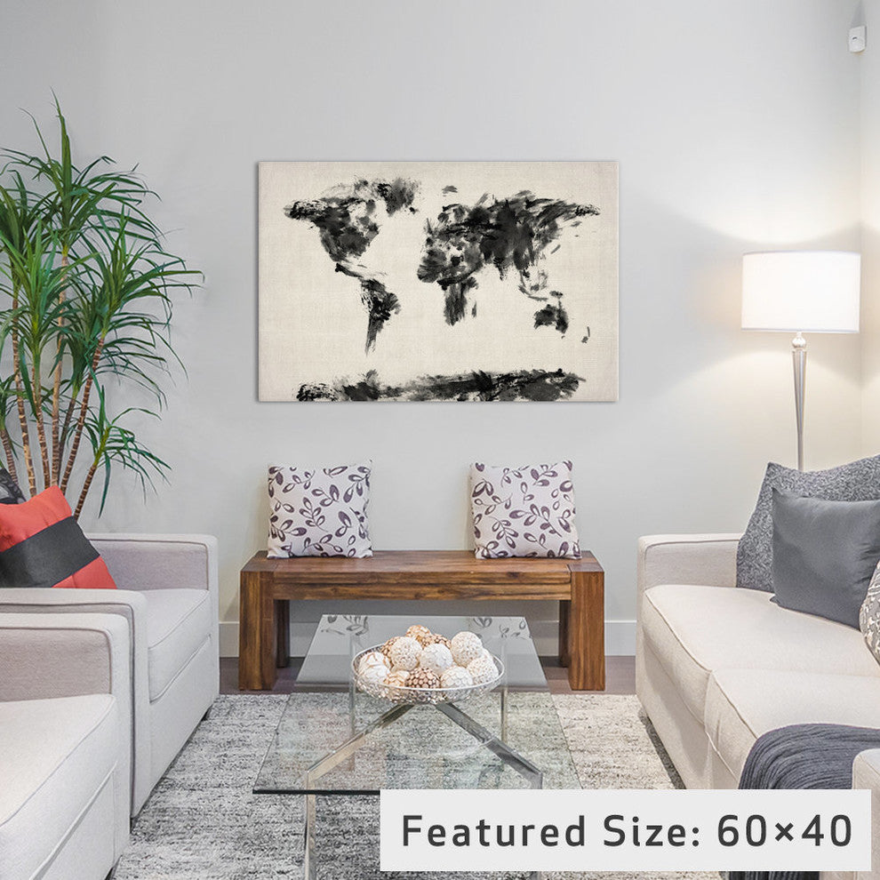 "Map Of The World Paint Splashes, Black" Wrapped Canvas Print, 40x26x1.5