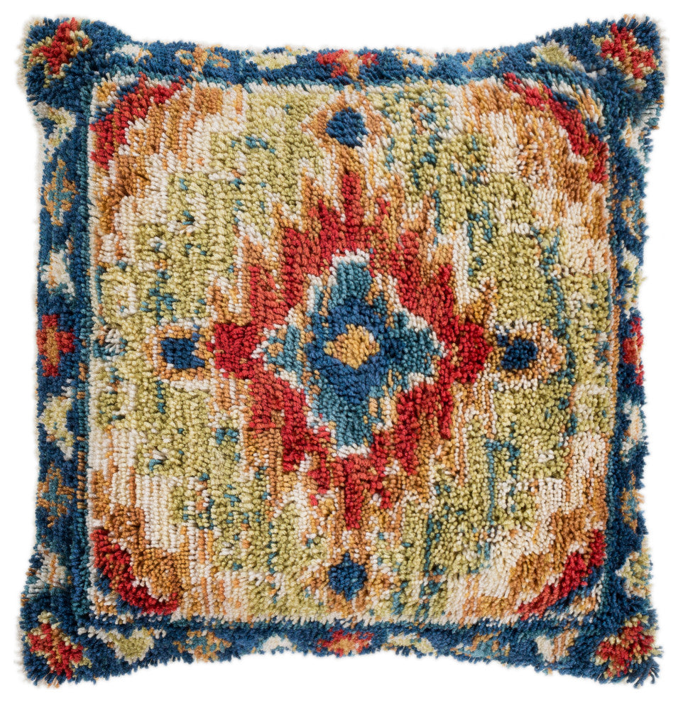 Surya Yuri YRI-003 20"x20" Pillow Cover, Ivory/Navy/Aqua/Burnt Orange/Mustard