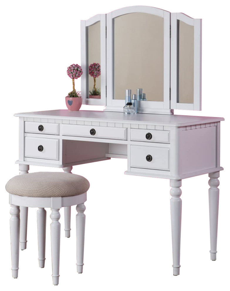 Vanity Set with Tri-Fold Mirror, White
