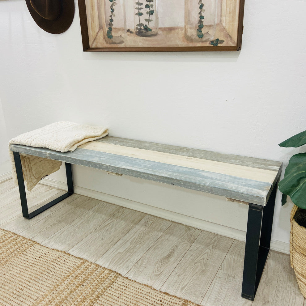 Bedroom or Entryway Bench, Heavy Duty Industrial Metal Legs, Farmhouse Mix, Length 58", Fits Queen Bed