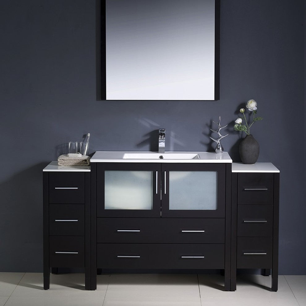 Torino 60" Espresso Modern Bathroom Vanity With 2 Side Cabinets, FFT3071BN