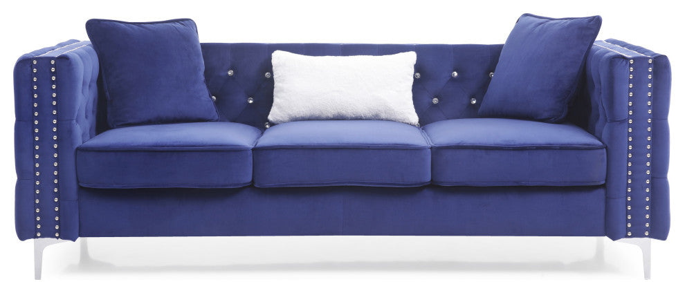 Paige 86 in. Blue Tufted Velvet 3-Seater Sofa With 2-Throw Pillow