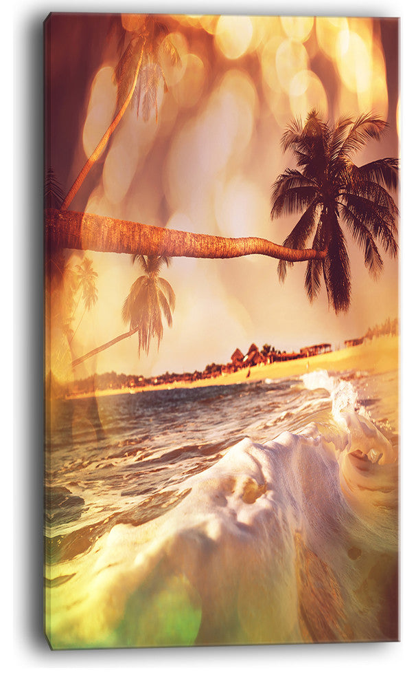 "Tropical Beach With Bent Coconut Palms" Modern Beach Canvas Art Print, 16"x32"
