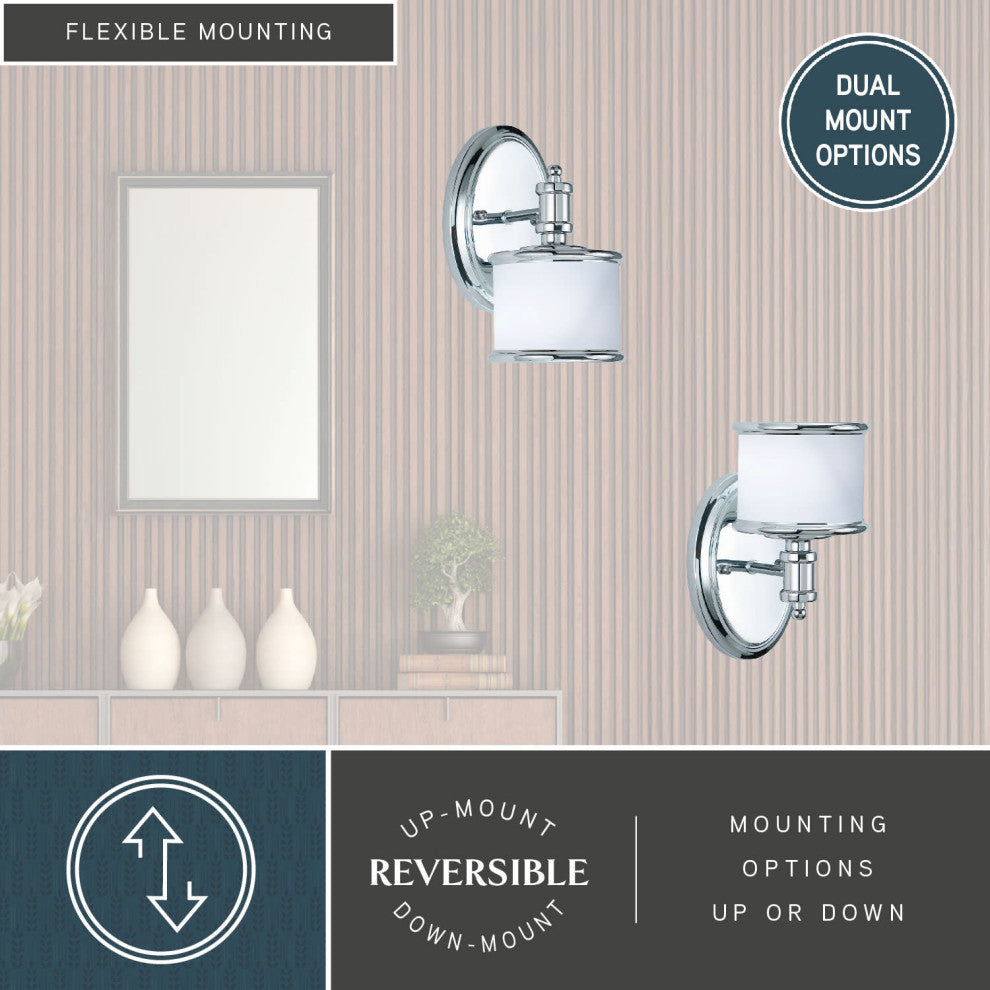 Carlisle Vanity Light, Chrome, White Frosted Opal Glass, 1-Light