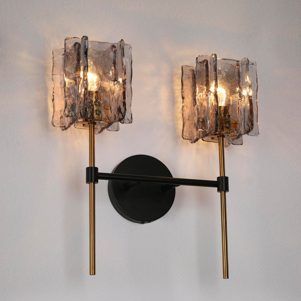 LNC Tucana Polished Gold and Matte Black Modern Wall Sconce, Textured Glass, 2 Lights
